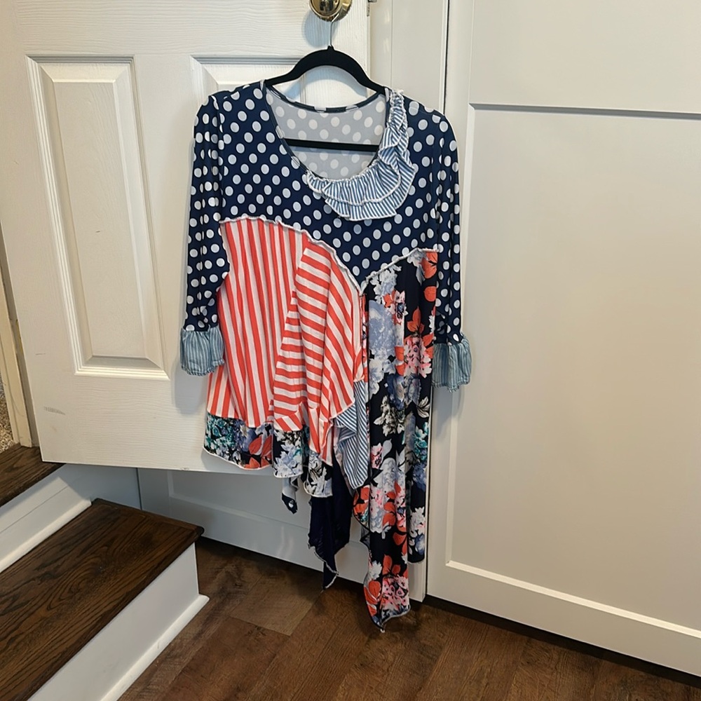 Custom-made mixed media tunic.